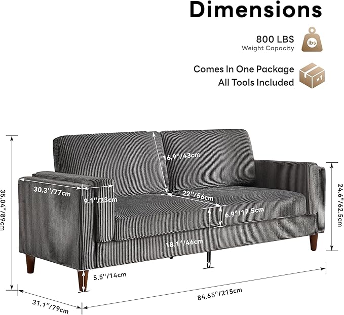 Tbfit 85 Corduroy Couch for Living Room 3 Seater Mid Century Modern Sofa with Spring Cusions &amp Extra Deep Seat for Bedroom Small Comfy Upholstered Couches Easy Assembly with Solid Wood Legs Gr