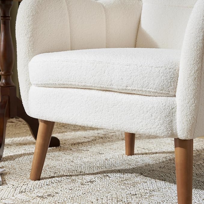 Accent Chair for Bedroom White Boucle Upholstered Armchair - Modern Small Comfy Reading Chair with High Back for Living Room Home Office Dressing Vanity Chair Dressing Room Small Spaces