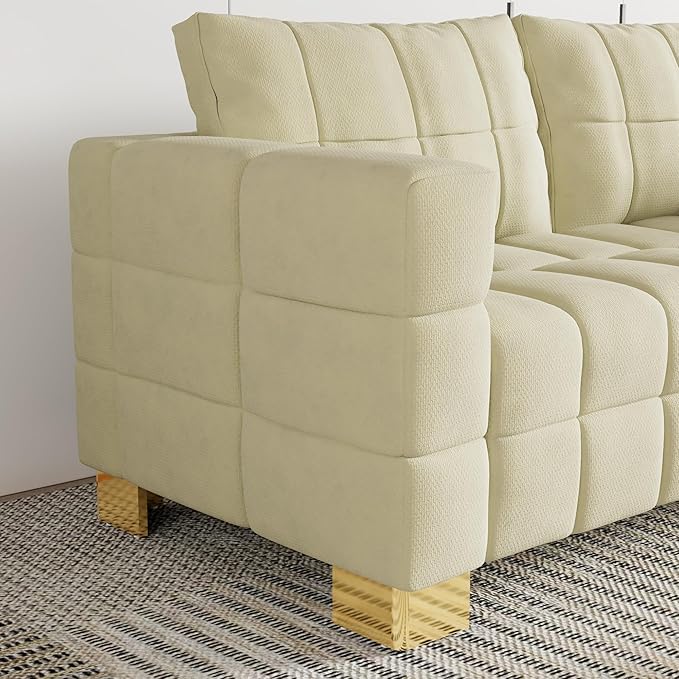 81.89 Sofa Comfy 3 Seat Sofa Tufted Chenille Upholstered Sofa Couch for Living Room with Gold Metal Legs and 2 Throw Pillows (BAIGE-N)