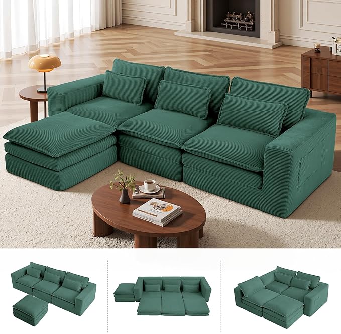 109 Sectional Couches Boneless Modular Sofa for Living Room with Ottoman | No Assembly Required Sofa Bed L shaped Couch | Corduroy Deep Seat Couch with Double Layer Cushion &amp Removable Cover | Gr