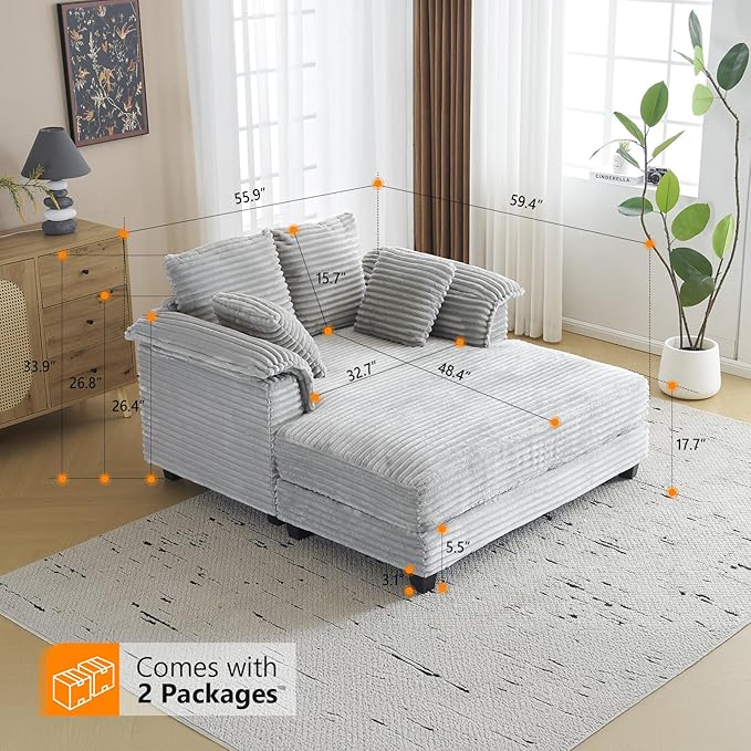 VINGLI 56 Oversized Chaise Lounge Chair Light Grey Comfy Corduroy Chaise Sofa Recliner Bed Upholstered Sleeper Couch Bed with Throw Pillows and Armrests for Living Room Movie Room Bedroom