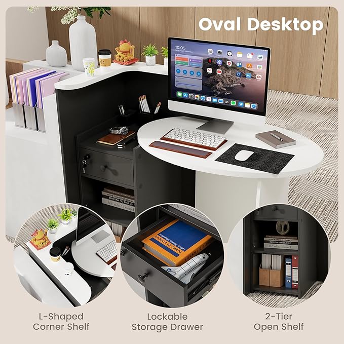 Reception Desk Small Retail Checkout Counter with Lockable Drawer and Open Shelves Wooden Front Desk Reception Counter Oval Desktop &amp L Counter for Store Office Lobby Salon (White &amp Black)