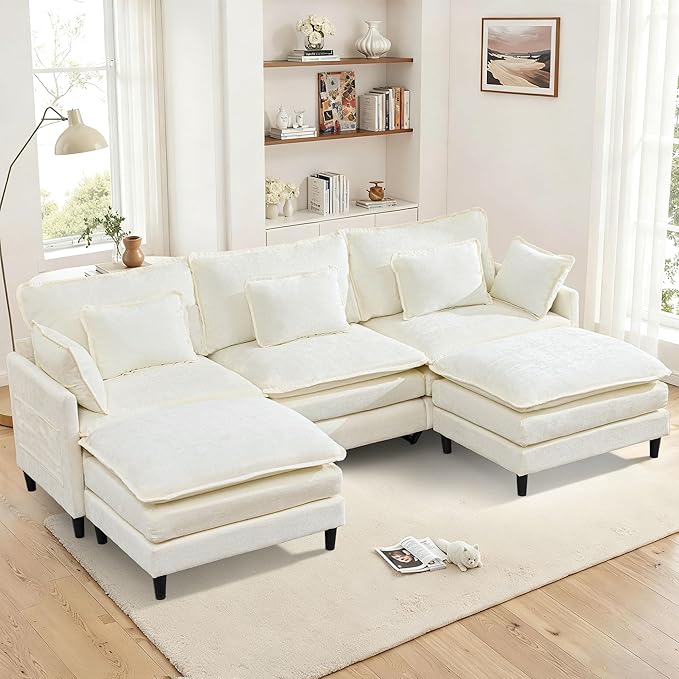 113 Chenille Modular Sectional Sofa Convertible L Shaped Modular Sofa Comfy Cloud Couch with Ottoman Side Pockets and 5 Throw Pillows for Living Room (White 113 - 5 Seats)