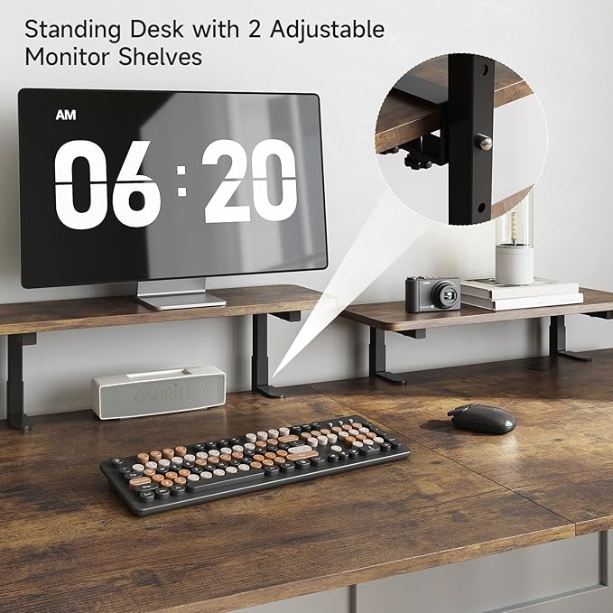 ONBRILL Standing Desk with 2 Adjustable Monitor Shelves 63 x 24 Inches Electric Stand Up Desk with Memory Controller and Adjustable Height from 28-46 inches for Computer Workstations Rustic Brown