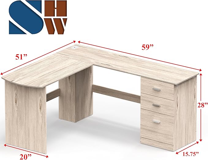 SHW 51 x 59 Inches L-Shaped Home Office Wood Corner Desk with Box Box File Drawers Maple