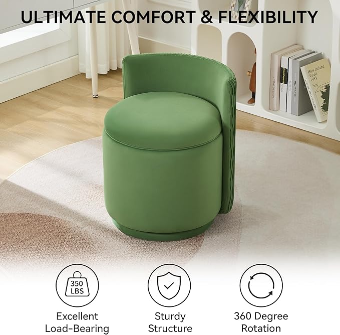 Velvet Vanity Chair with Storage 360° Swivel Makeup Chair with Wave Back No Assembly Small Accent Stool for Bedroom Dressing Living Room Green