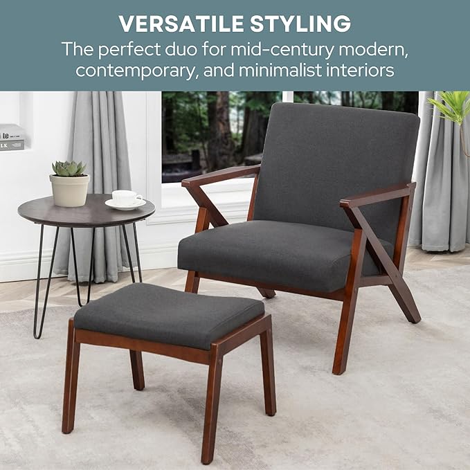 Convenience Concepts Take a Cliff Accent Armchair and Ottoman Set 28.5 - Mid-Century Modern Lounge Chair with Foot Stool Set for Living Room Office Dark Gray Fabric