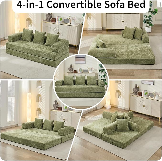 Compression Sofa Convertible Sofa Bed Modular Couch with Pillow Comfy Chenille Fabric Couch with Memory Foam Lounge Floor Sofa for Living Room Bedroom (Green)