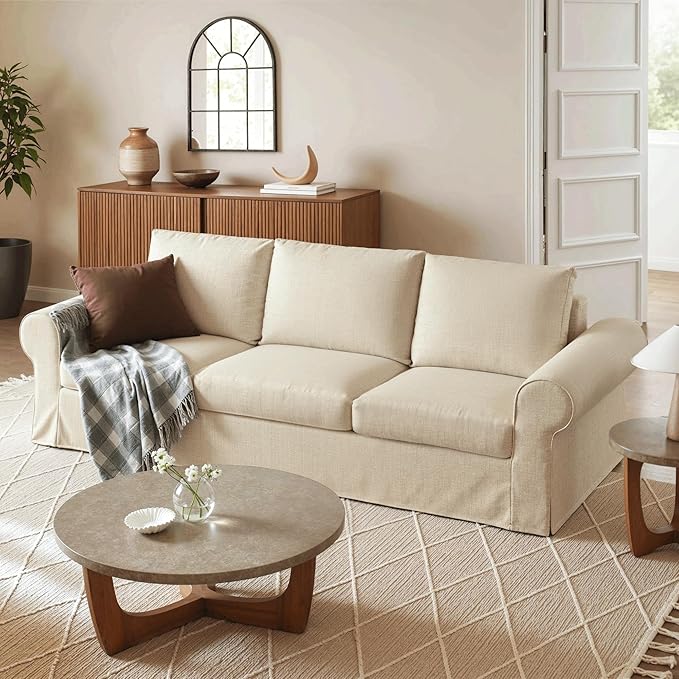 89 3-Seater Couch with Rolled Arm Farmhouse Slipcovered Sofa with Washable Cover Supportive Cushions &amp Sturdy Frame Beige Couches for Living Room Small Spaces Apartment Office Easy Assembl