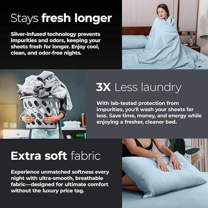 Silvery Silver Infused Bed Sheets Set - Ultra-Soft Temperature-Regulating Fabric with Self-Cleaning Technology™ That Stays Fresh 3X Longer for Hygienic Sleep