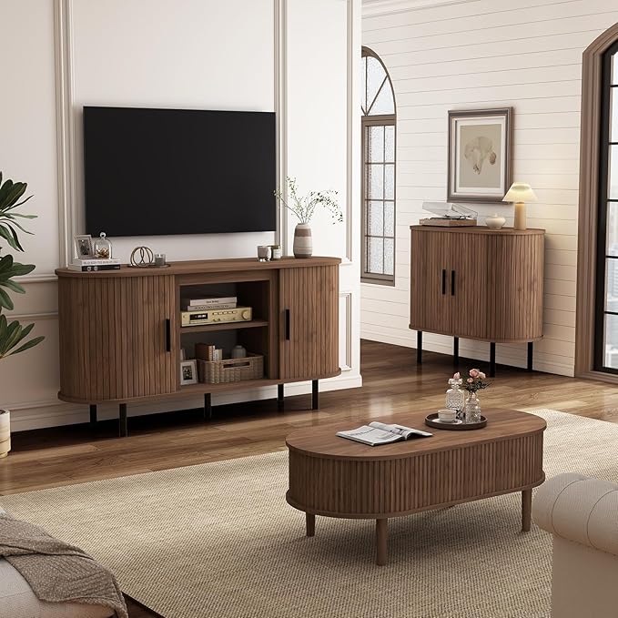 BREEZEHEAT 55'' Mid Century Modern Fluted TV Stand-Curved TV Cabinet with Storage Sliding Doors &amp Adjustable Shelves-Entertainment Center for TVs Up to 65 Inches Walnut Media Console for Living