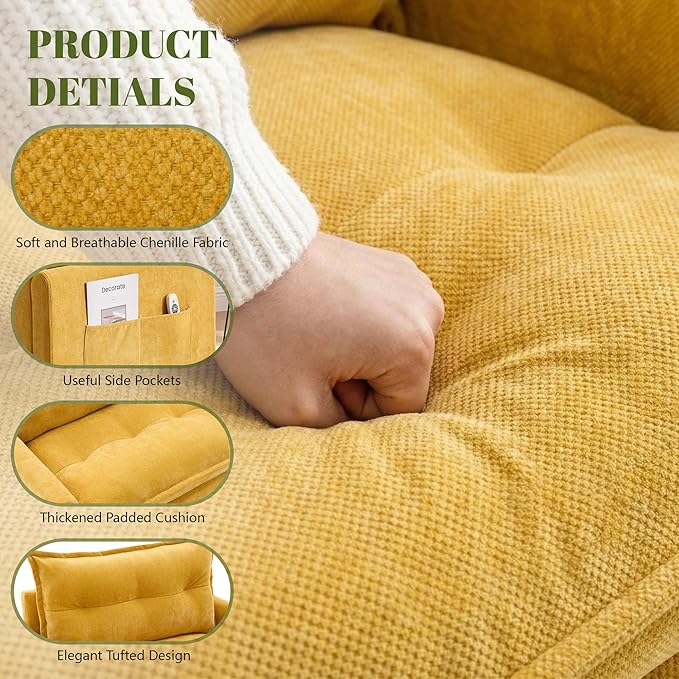 Square Swivel Chair360°Rotation Armchair for ReadingPlush Chenille Upholstered Accent Club Chair with ArmsModern Single Cloud Sofa Chair for Living Room Bedroom (1 Mustard Yellow)