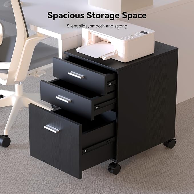 3 Drawer File CabinetMobile on WheelsPre-Assembled Black Wooden Storage Organizer for A4/Letter FilesUnder Desk Printer Stand19 L x 16 W x 22 H