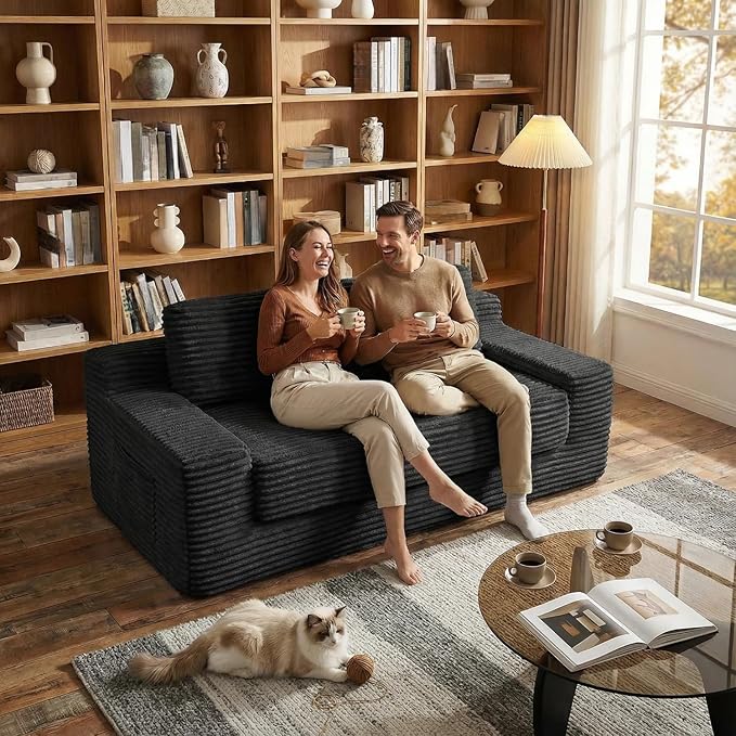 71 Corduroy Cloud Loveseat Sofa Bed Pull Out Convertible 2-in-1 Boneless Couch Deep Seat 2-Seater Design No Assembly Floor Sofa with Side Pockets for Living Room Bedroom Apartment (Black) | Pul