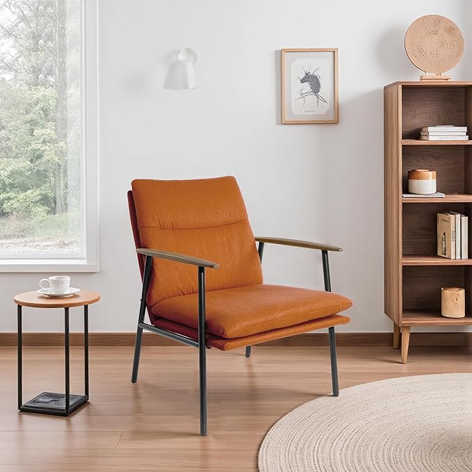 Zouron Upholstered Accent Chair with Metal Frame Modern Living Room Reading Chair with Wooden Armrests and Cushion Back Caramel