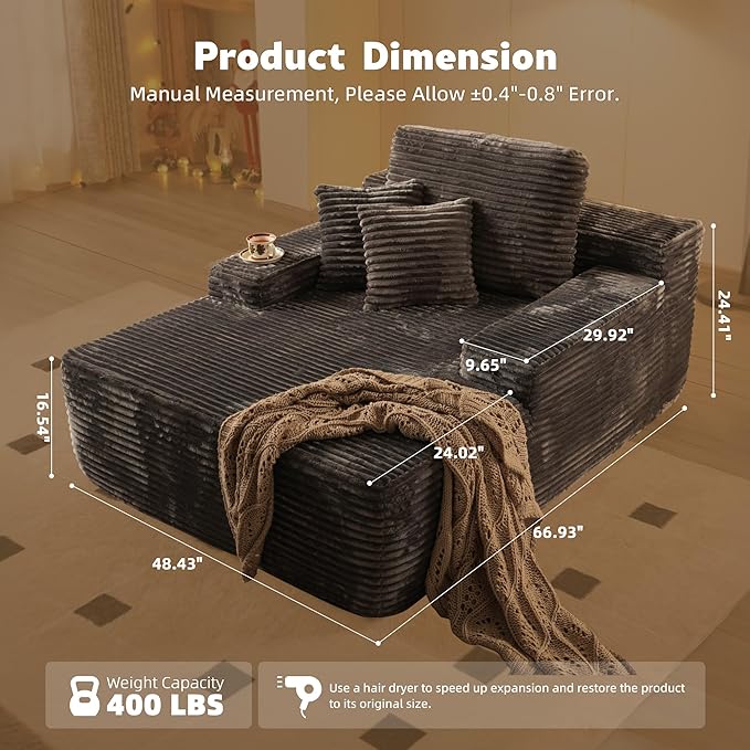 67x48 Oversized Chaise Lounge Chair Indoor Upholstered Sofa Bed with Plush Faux Fur Sleeper Couch Reading Chair Fluffy Cloud Sofa for Living Room Plush Gray