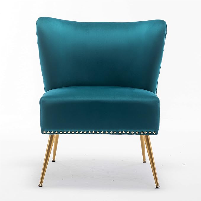 Thia Armless Velvet Accent Chair for Living Room Elegant Seat with Nailhead Trim Gold Metal Legs and Comfortable Curved Back 28 D x 25 W x 29.5 H Bluish Green