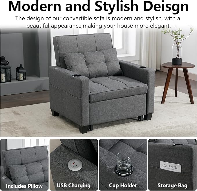 Sleeper Chair Bed Convertible Chair Bed Pull Out Chair Beds with USB Charging &amp Cupholders Adjustable Backrest Leather Futon Chair Bed for Living Room Bedroom (Grey(Linen))