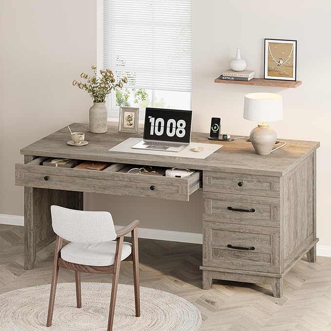 IDEALHOUSE Rustic Wood Double Desk with Built-in Charging Station &amp 4 File Drawers Spacious 2-Person Writing Table for Home Office Heavy-Duty Dual Workstation for Study &amp Work Gray