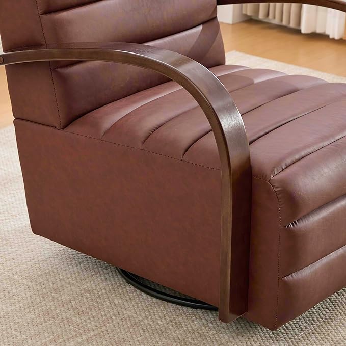 KEIKI 30.3 Upholstered Swivel Accent Chair with Solid Wood Armrests Comfy PU Lounge Single Sofa Chair 360° Swivel Armchair Sofa Chairs for Living Room Bedroom Office Brown