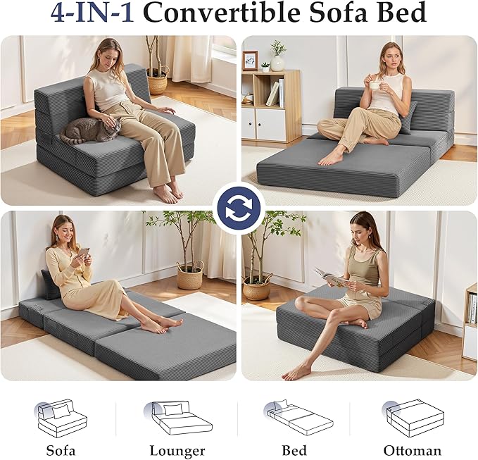 Youzi Folding Sofa Bed Convertible Sleeper Chair with Pillow 4-in-1 Foldable Mattress Futon Couch Bed to Lounge Chair for Living Room Bedroom Dorm &amp Guest Washable Cover Dark Gray Single