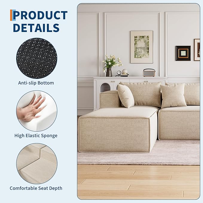 GarveeHome Modular Sectional Couches for Living Room Cloud Sectional Couch with Deep Seat 106.7 in Modular L-Shape Sofa with Chaise Upholstered Couches for Bedroom Chenille Beige