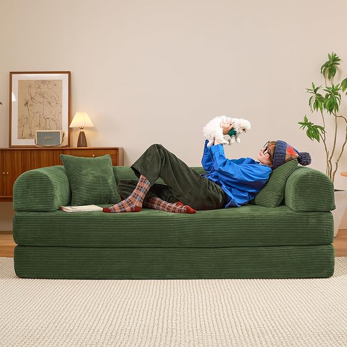 79 Convertible Sofa Bed Boneless Corduroy Sleeper Foldable Modular Couch Memory Foam Compressed Sofa in A Box Folding Mattress Floor Couch for Small Space Living Room Apartment Bedroom Green