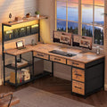 Itaar L Shaped Desk with 5 Drawers and Storage Shelves Reversible Computer Desk with Bookshelf for Home Office Corner Gaming Desk with LED Lights Power Outlets and Storage Bad Rustic Brown
