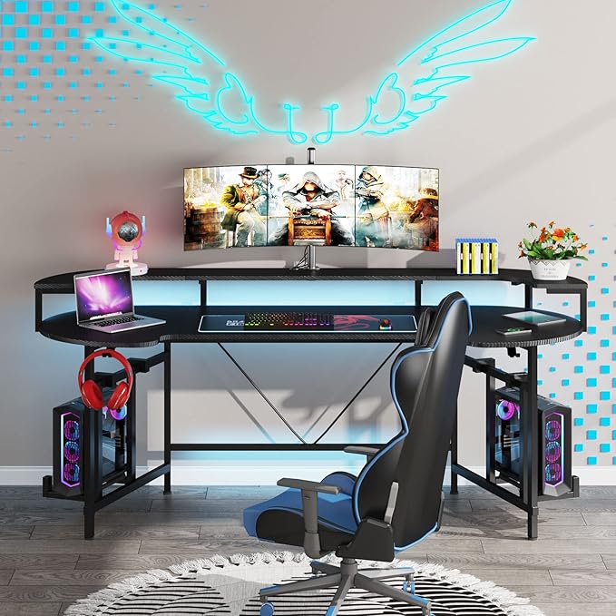 LITTLE TREE LED Gaming Desk with Monitor Shelf Carbon Fiber Surface Gaming Table Gamer Workstation for Home Office Black