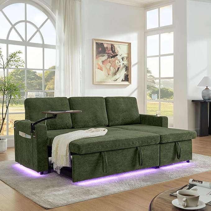 KEIKI 85 L-Shaped Chenille Sectional Sofa with Pull-Out Bed Storage Chaise Lounge Retractable Table USB Cup Holders Convertible 3-Seater Sleeper Couch Bed Easy Assembly for Living Room Green