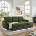 KEIKI 85 L-Shaped Chenille Sectional Sofa with Pull-Out Bed Storage Chaise Lounge Retractable Table USB Cup Holders Convertible 3-Seater Sleeper Couch Bed Easy Assembly for Living Room Green