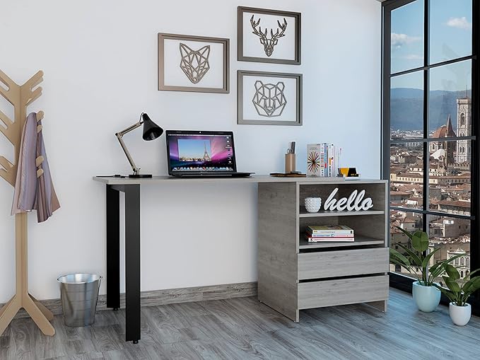 Light Gray 2-Drawer 2-Shelf Writing Desk - Home Office Desk &amp Storage Combo - Versatile Display &amp Organization