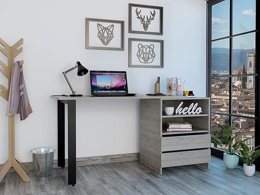 Light Gray 2-Drawer 2-Shelf Writing Desk - Home Office Desk &amp Storage Combo - Versatile Display &amp Organization