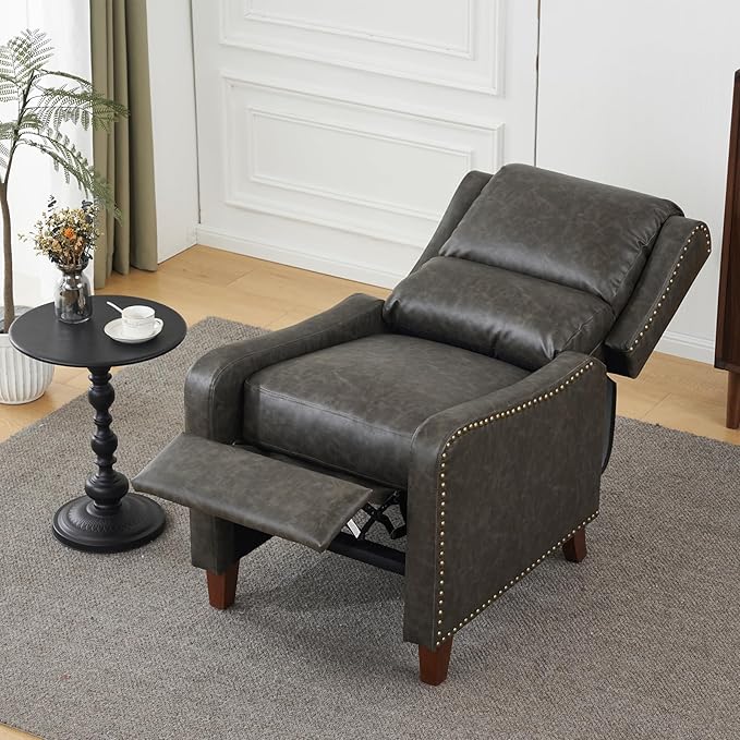 Leather Pushback Recliner Chair PU Leather Push Back Armchair Upholstered Recliner Chair 105-135 Degree Adjustable Retro Accent Chair for Living Room Bedroom - Gray