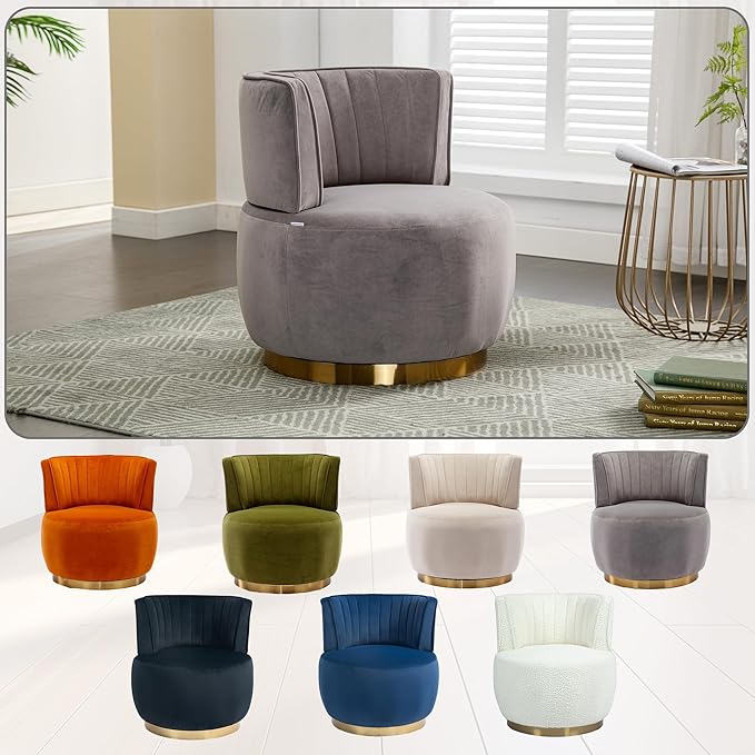 360° Swivel Barrel Accent Chair Gray Round Club Arm Chair with Metal Base Modern Single Sofa Seating Velvet Reading Seat in for Living Room Bedroom Office (Grey)