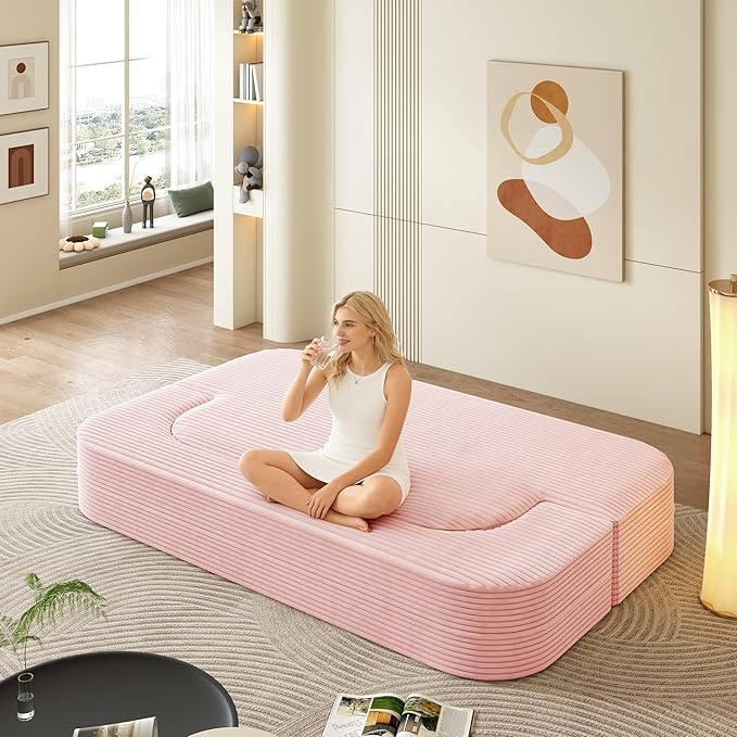 3-in-1 Convertible Folding Sofa Bed 80 Queen Size Sleeper Corduroy Curved Couch Fluffy Couch Multi Functional Sectional Sofa Bed with Chaise Lounge and Blanket (Pink 2 Seat)