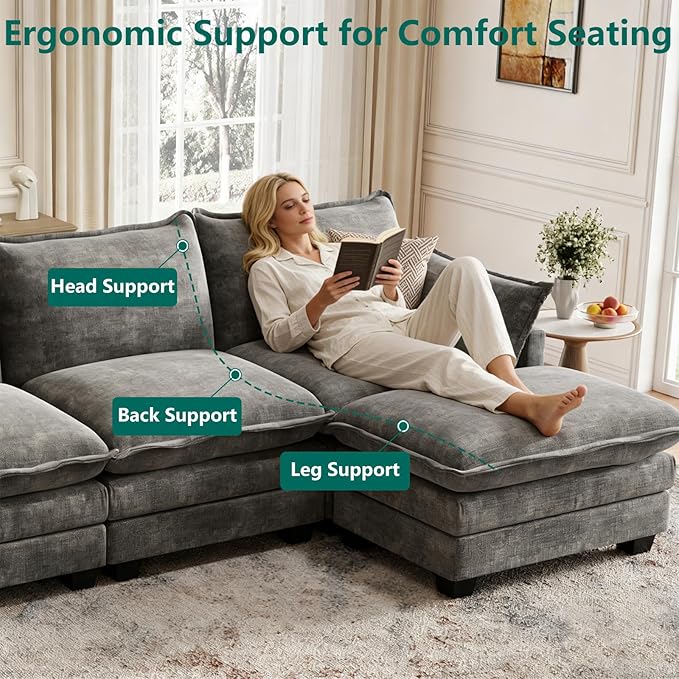Modular Sectional U Shaped Sofa Couches for Living Room Cloud Couch with Movable Ottoman Comfy Chenille Sofa with Pillow for Bedroom and ApartmentDark Gray