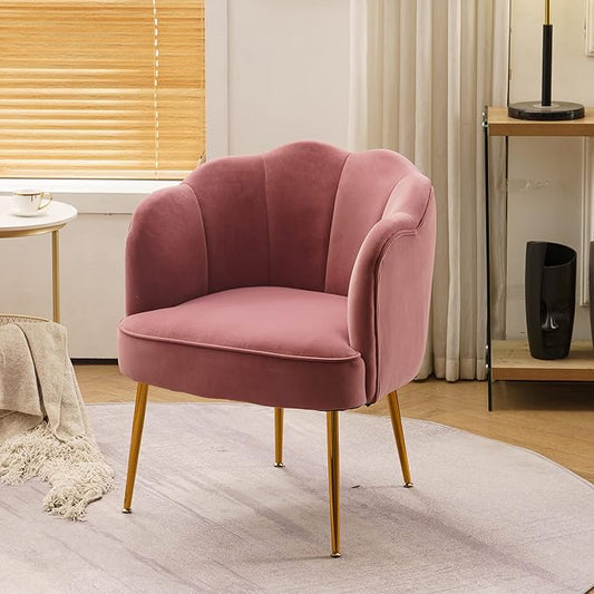 Shell Shape Velvet Fabric Armchair Accent Chair with Gold Legs for Living Room BedroomPink