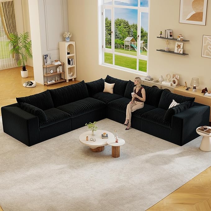 Modular Sectional Sofa Corduroy Plush L Shape Cloud Couch Modern Deep Seat Boneless Couches for Living Room Large Compression Sofas Luxury Fluffy Couchs Sectionals Black