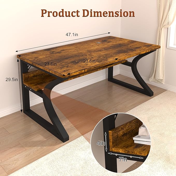 StarGraph Computer Desk 47 Inch Large Computer Desk with Storage Shelf Home Office Desk with C Shaped Metal Frame Writing Work Study Student Home Bedroom Office (Brown 47inch)