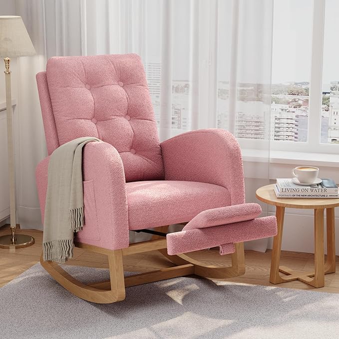 GarveeHome Nursery Rocking Chair with Adjustable Footrest Teddy Fleece Upholstery Sturdy Wooden Legs &amp High Backrest Comfortable Glider Rocking Chair for Living Room or Bedroom Pink