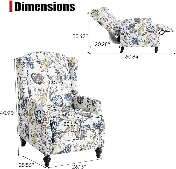 Wingback Recliner Chair Traditional Push Back Recliner Chair with Padded Seat Upholstered Wingback Chair Mid Century Modern Floral Recliner for Living Room(2 Blue Floral)