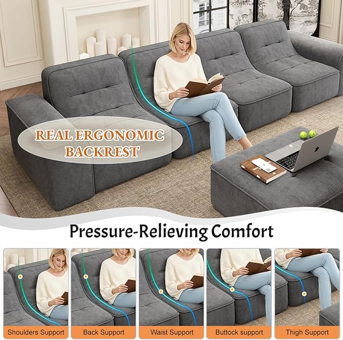143.7 Modern Modular Sofa Set Sectional Couches for Living Room Boneless L Shaped Sofa with Movable Ottoman Oversized Couches Sparkling Chenille Fabric (Grey 5 Seat)