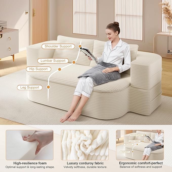 78.7'' Convertible Sleeper Sofa Corduroy Floor Foam Compression Loveseat Sofa Bed Couch Modern Folding Futon Couch Foldable Full Size Guest Bed with 2 Pillows and Blanket for Living Room (Beige)