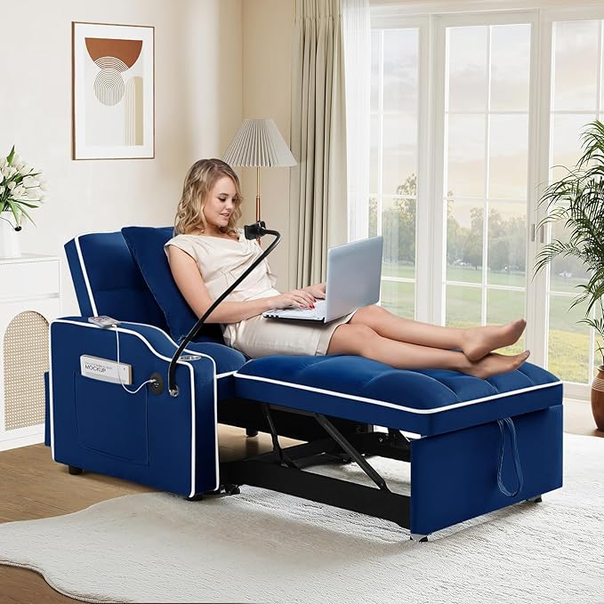 Convertible Sleeper Chair Sofa Bed3 in 1 Velvet Tufted Pull Out Couch with Phone Holder &amp USB PortsFuton Small Couch Bed with Cup Holders &amp Adjustable Backrest for Living RoomSmall Place(Bl