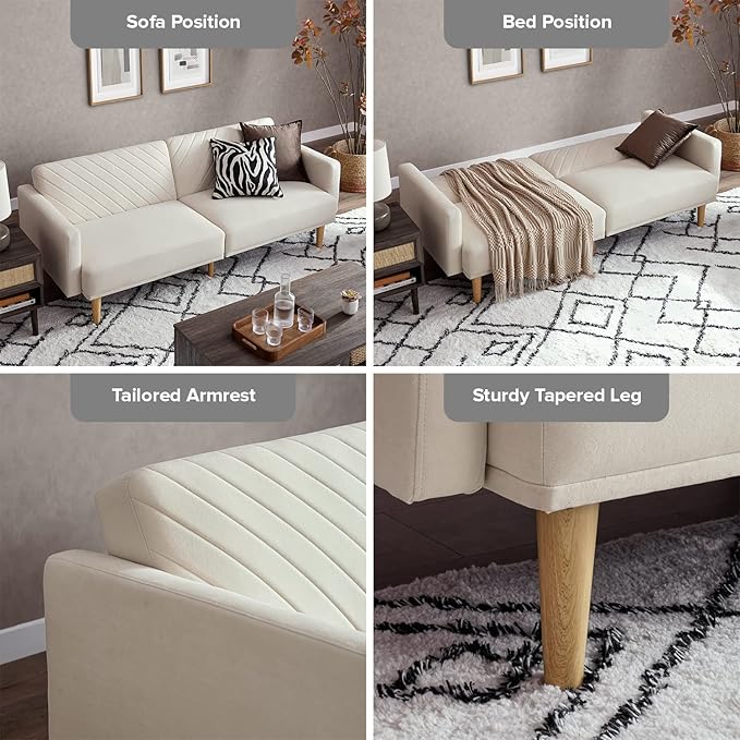 mopio 76.4 Futon Sofa Bed Couch Loveseat Sleeper Sofa Mid Century Modern Futon Couch Sofa Cama Couches for Living Room (Snow Velvet)