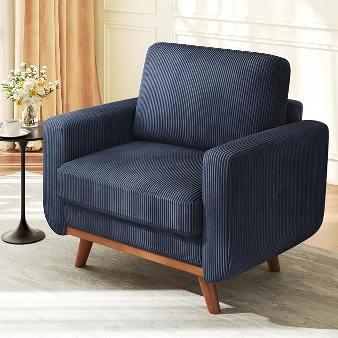 38.5 Dark Blue Corduroy Accent Chair Comfy Deep Seat Armchair with Spring Cushion Modern Reading Sofa for Living Room Bedroom