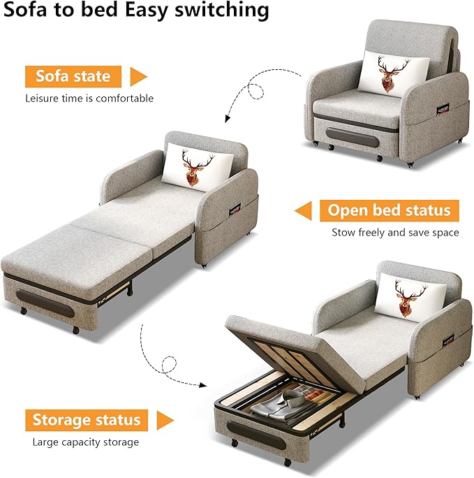 34.6 Small Pull-Out Sofa Bed Modern Versatile Futon Sleeper Couch Daybed with Trundle Space-Saving for Living Room RV Studio or Guest Room Gray &amp White