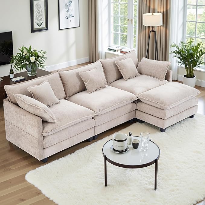 Gexpusm Modular Sectional Sofa108 L Shaped Couches for Living Room3 Seats Sofas with Movable OttomanCloud Sectional Couch with Deep SeatOversized Sleeper Sofa Boneless for Bedroom (Khaki)