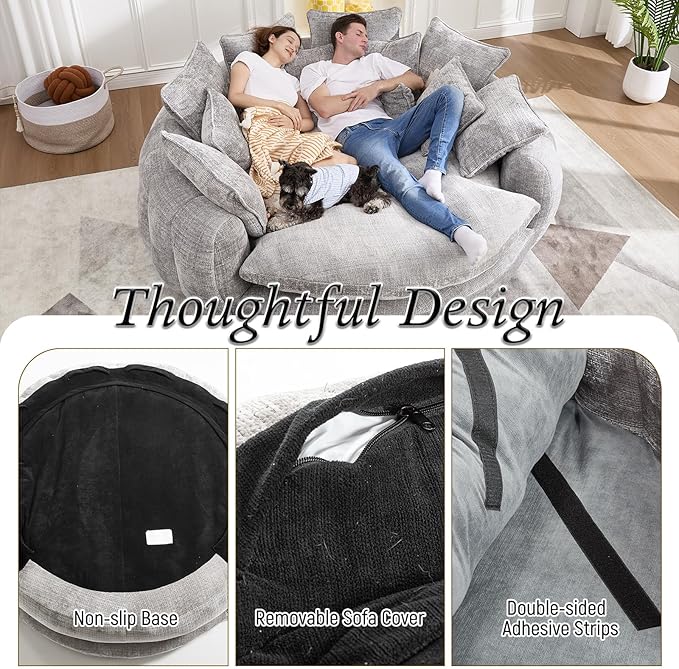 Oversized Sleeper Sofa Bed 81'' Round Chaise Lounge Chair Indoor Modern Chenille Boneless Couch Loveseat Plush Couch Cloud Couches Comfy Bean Bag Chair for Living Room Apartment (Light Grey)